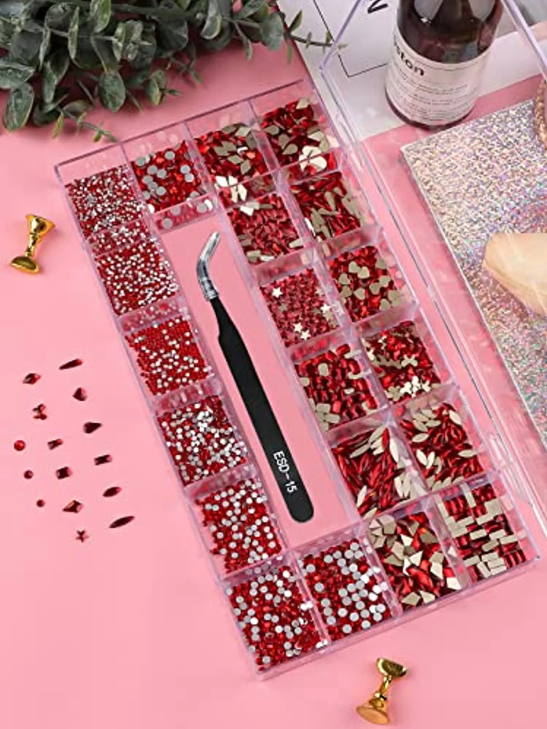 3100Pcs Professional AB Nail Rhinestones Kit EBANKU Red Nail Art Crystal Rhinestones for Nails Mixed Shape Nail Gems Jewels with Rhinestone Picker Dotting Pen Tweezers for DIY Nail Art Craft