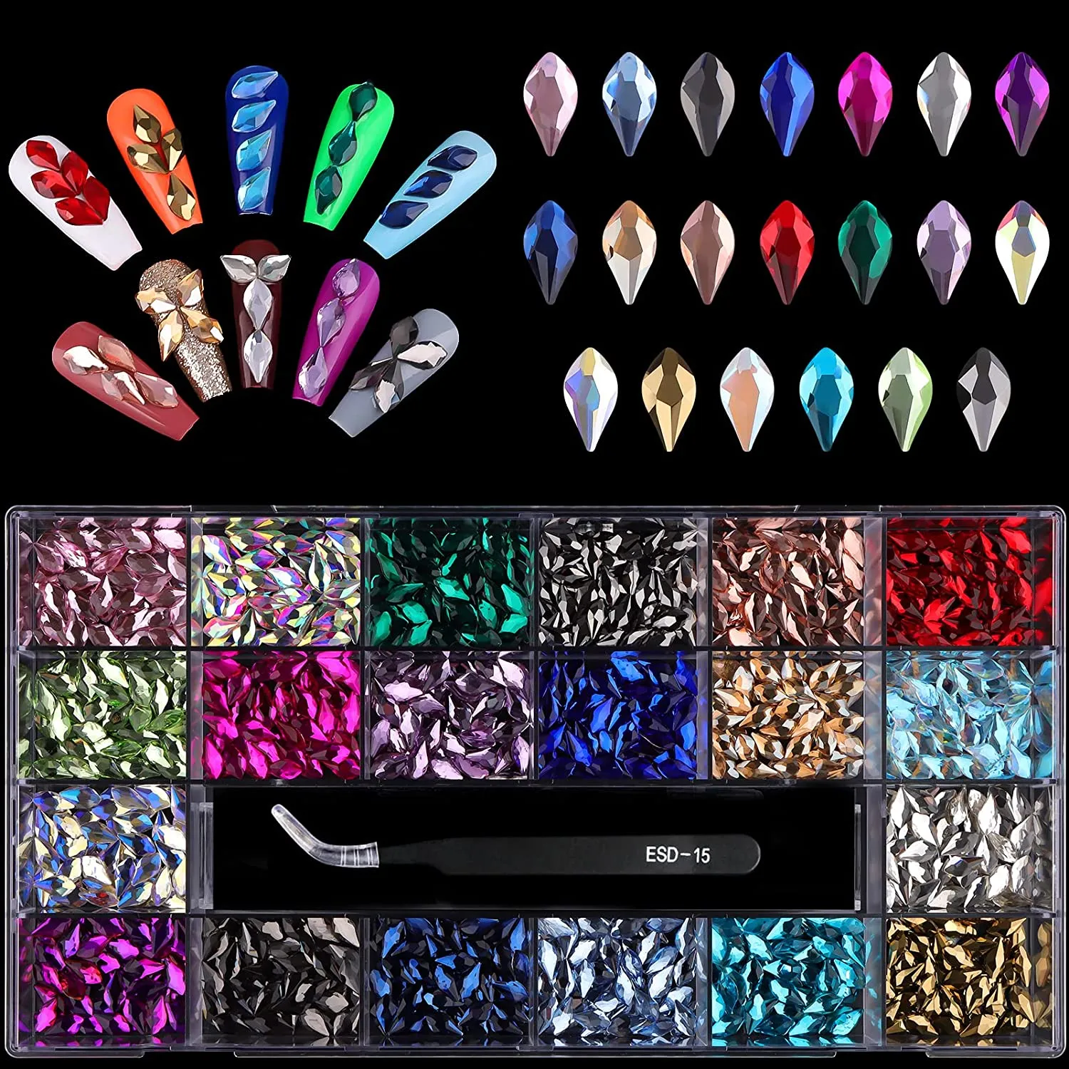 3100Pcs Professional AB Nail Rhinestones Kit EBANKU Red Nail Art Crystal Rhinestones for Nails Mixed Shape Nail Gems Jewels with Rhinestone Picker Dotting Pen Tweezers for DIY Nail Art Craft