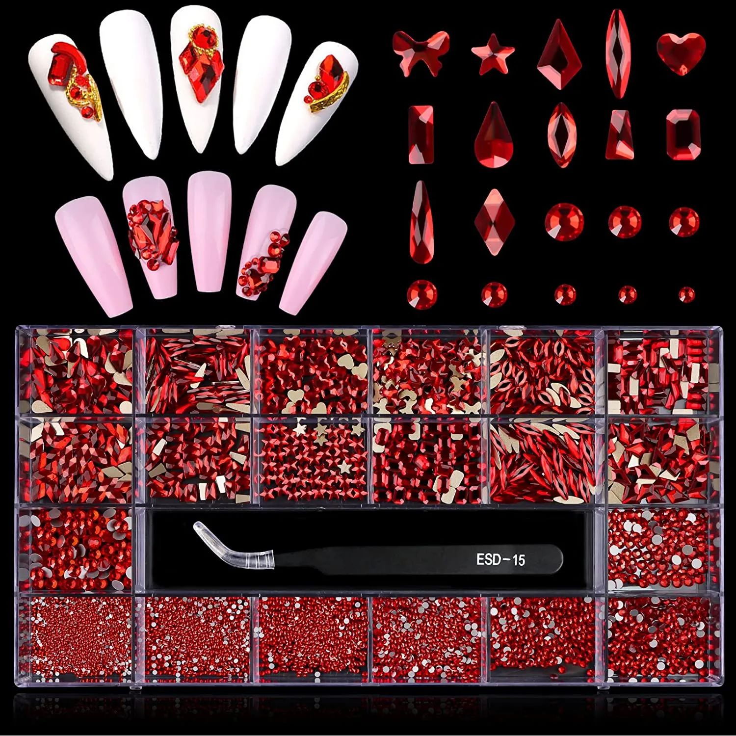 3100Pcs Professional AB Nail Rhinestones Kit EBANKU Red Nail Art Crystal Rhinestones for Nails Mixed Shape Nail Gems Jewels with Rhinestone Picker Dotting Pen Tweezers for DIY Nail Art Craft