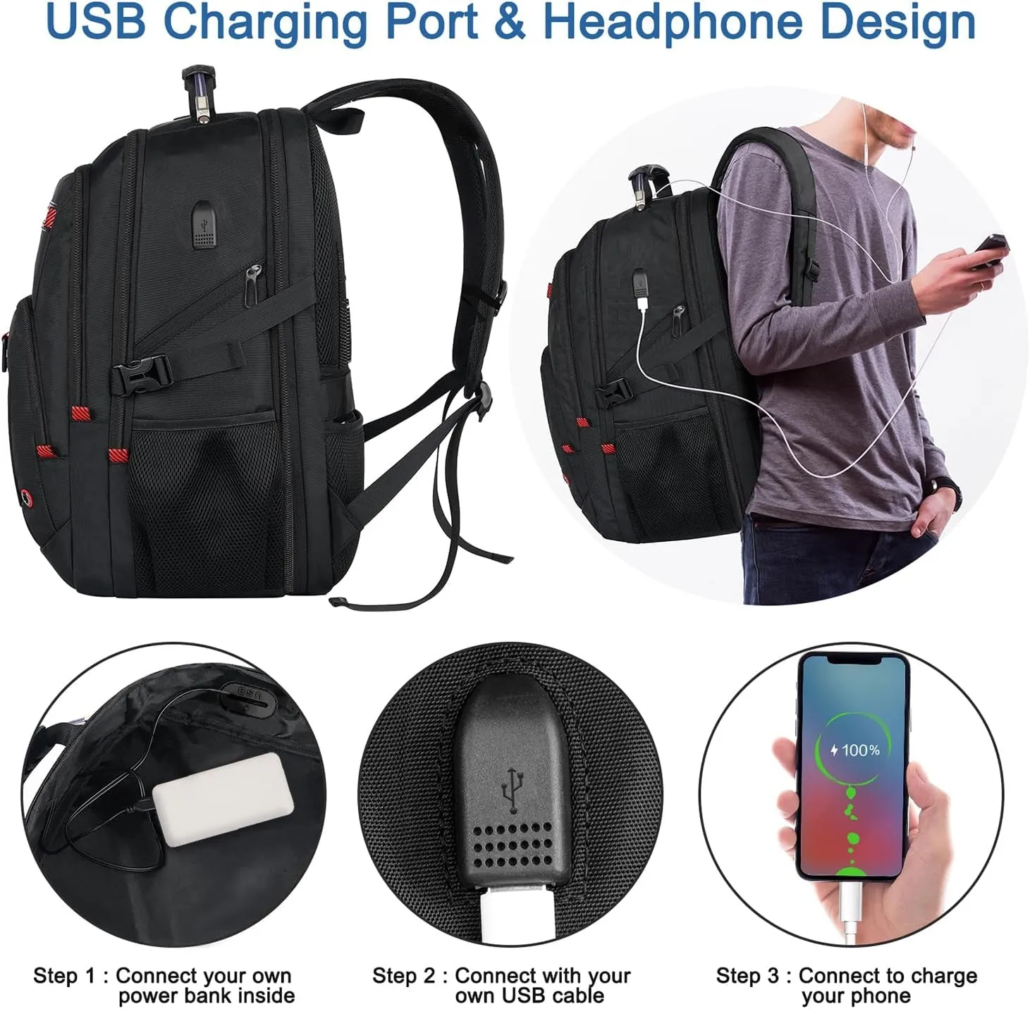 52L TSA Travel Backpack with USB Port 17 Inch Business Laptop Backpack