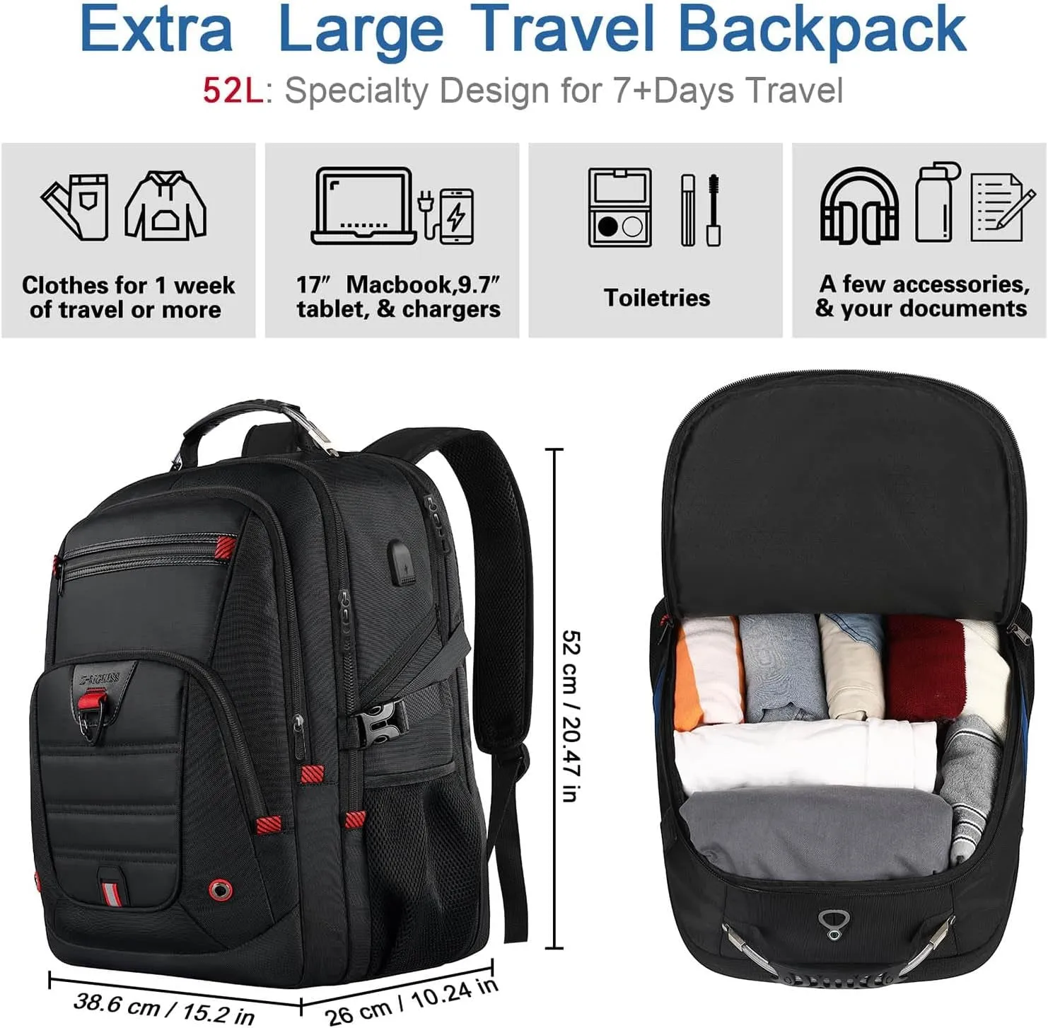 52L TSA Travel Backpack with USB Port 17 Inch Business Laptop Backpack
