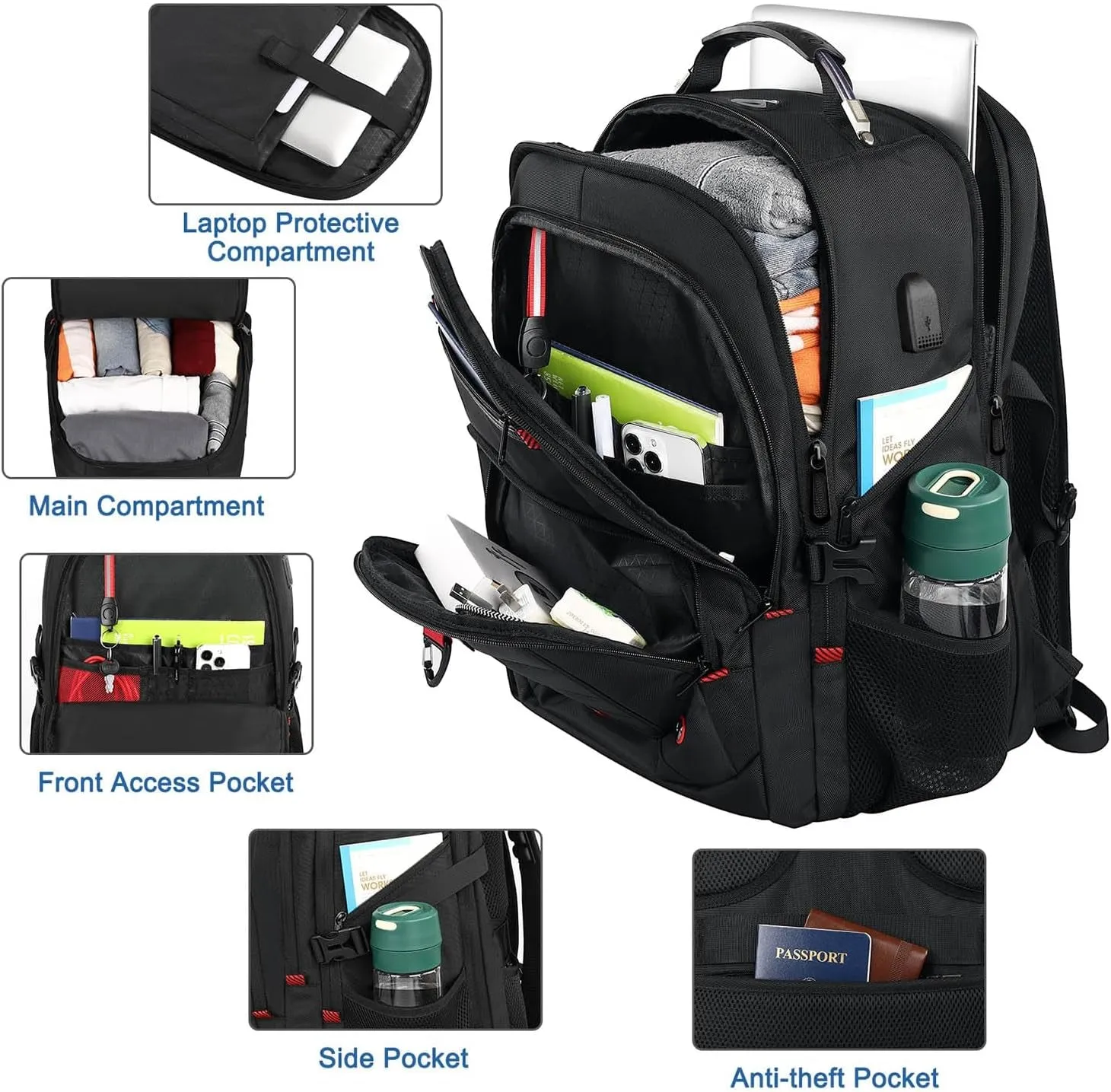 52L TSA Travel Backpack with USB Port 17 Inch Business Laptop Backpack