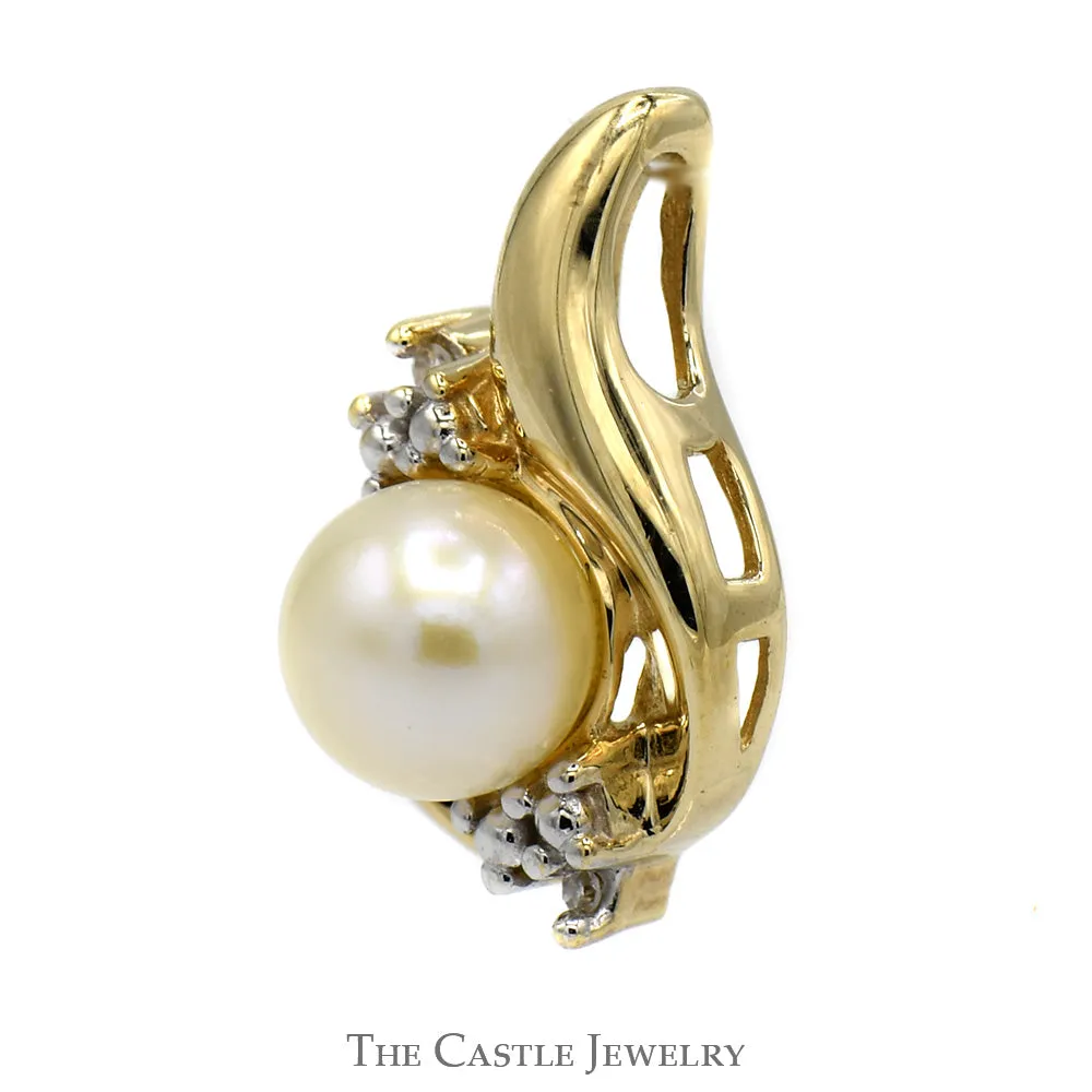 5.5mm Round Pearl Tear Drop Shaped Pendant with Diamond Accents in 10k Yellow Gold