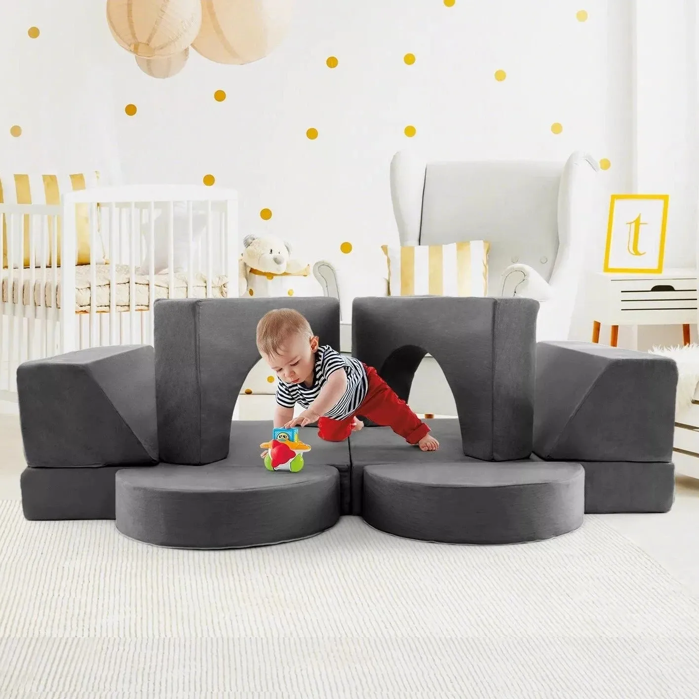 8 Piece Montessori Modular Soft Play Set | Foam Building Blocks | Sofa Chair | Grey | 12m 