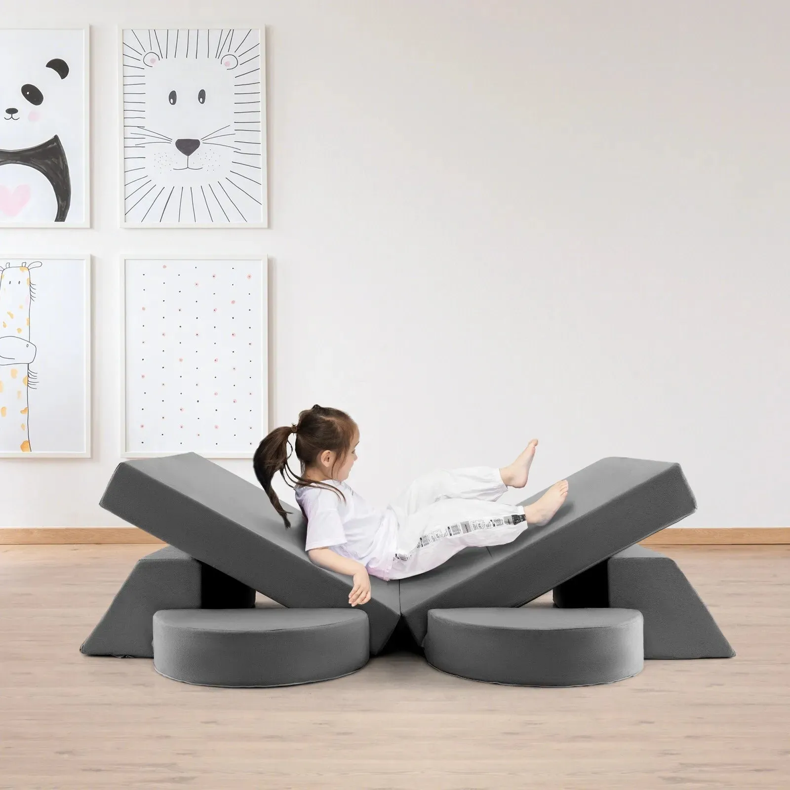 8 Piece Montessori Modular Soft Play Set | Foam Building Blocks | Sofa Chair | Grey | 12m 