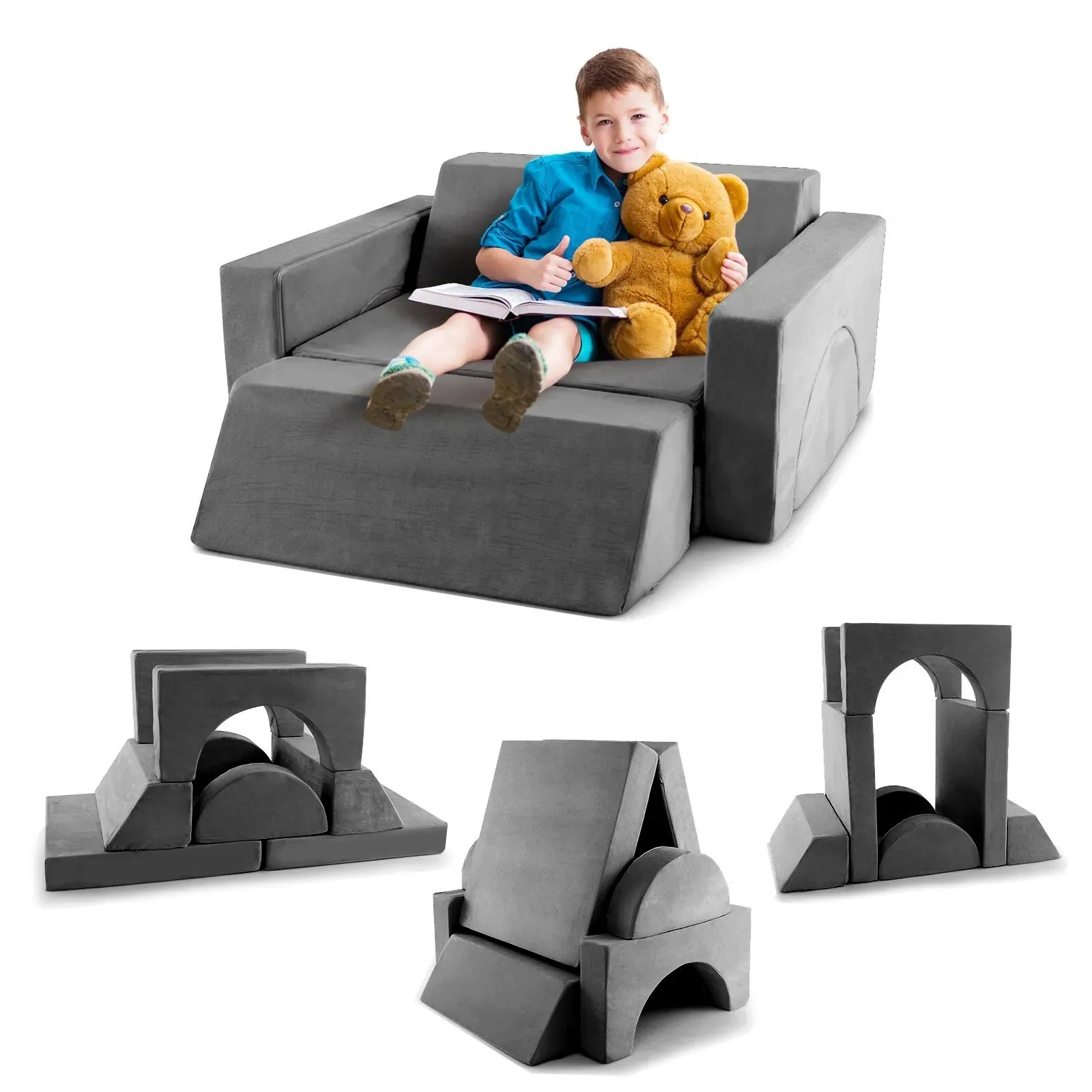 8 Piece Montessori Modular Soft Play Set | Foam Building Blocks | Sofa Chair | Grey | 12m 
