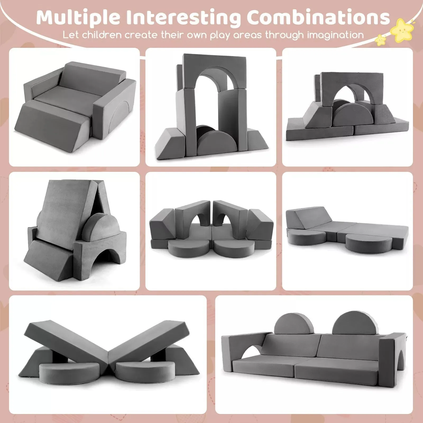 8 Piece Montessori Modular Soft Play Set | Foam Building Blocks | Sofa Chair | Grey | 12m 
