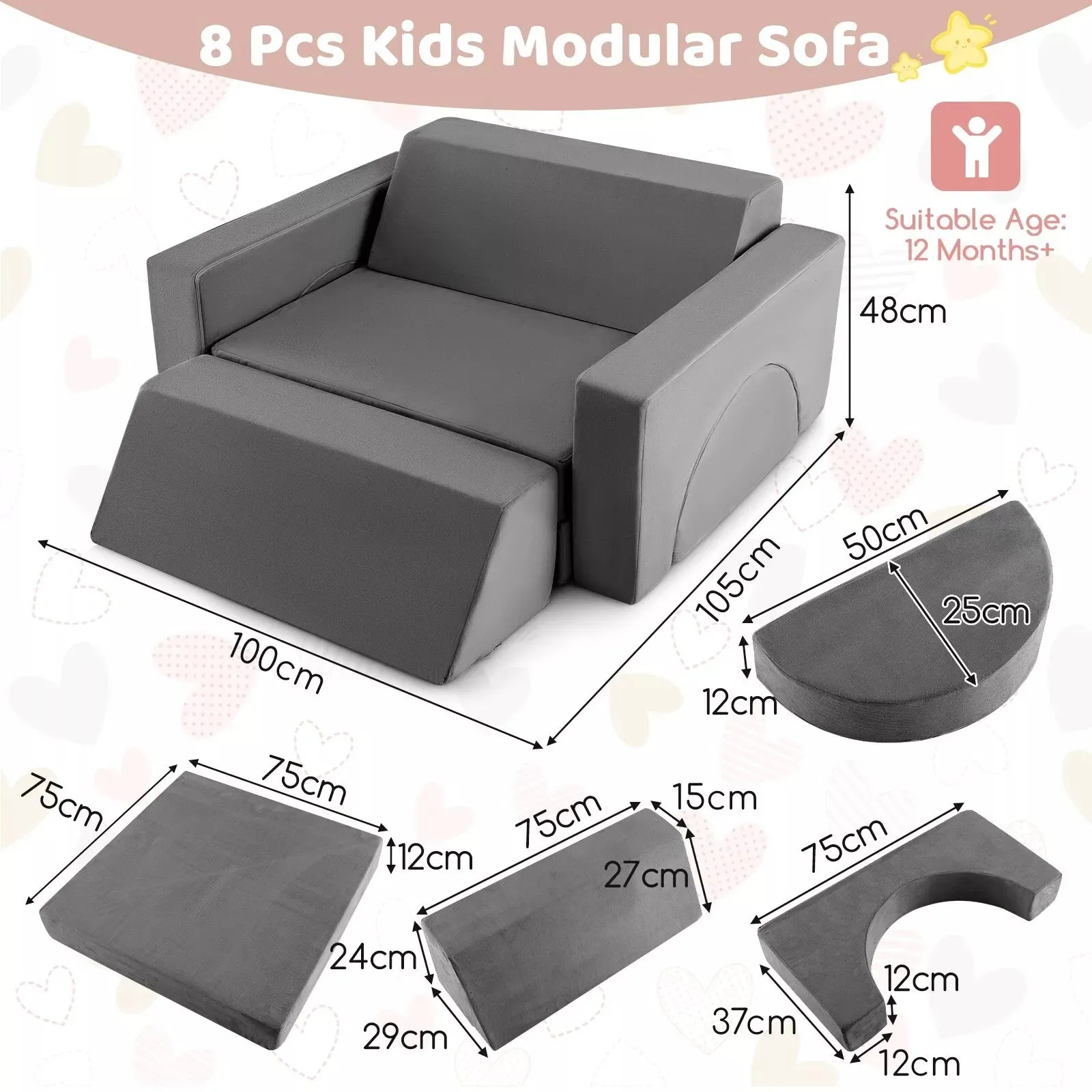 8 Piece Montessori Modular Soft Play Set | Foam Building Blocks | Sofa Chair | Grey | 12m 