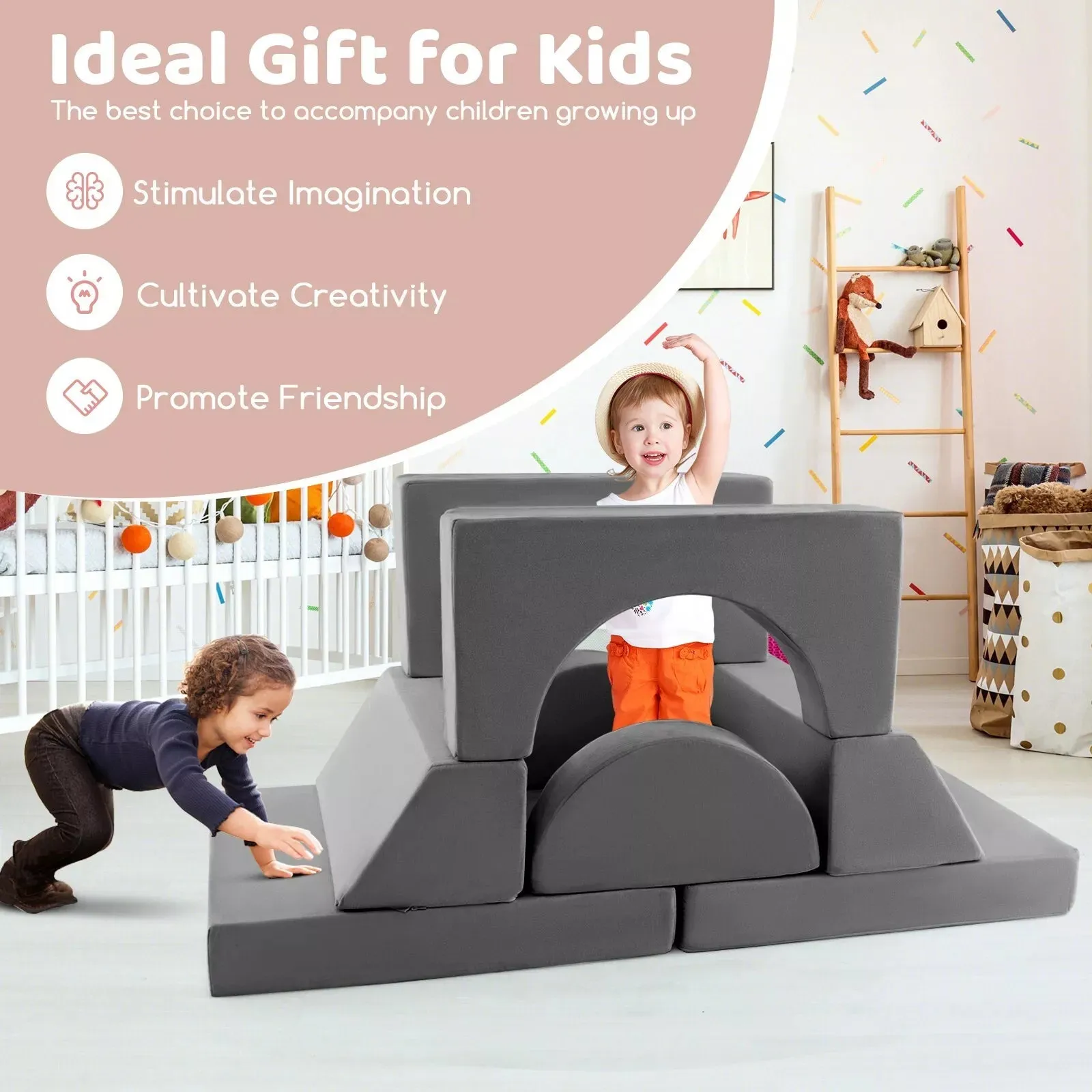 8 Piece Montessori Modular Soft Play Set | Foam Building Blocks | Sofa Chair | Grey | 12m 