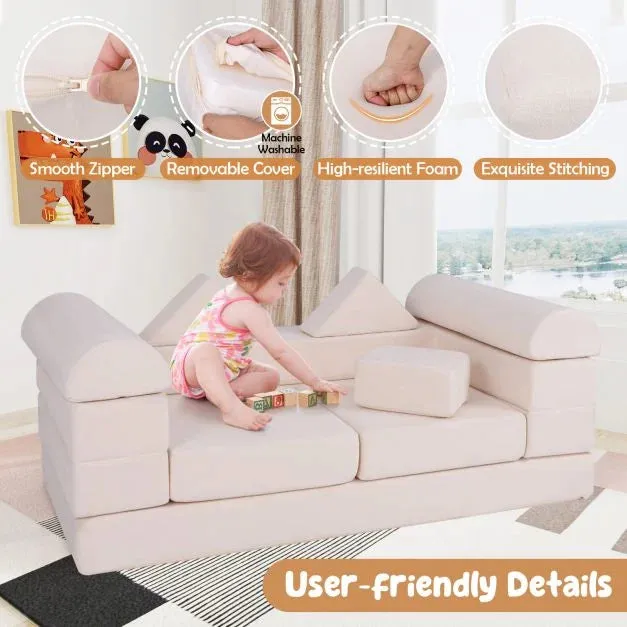9 Piece Montessori Modular Soft Play Set | Foam Blocks | Sofa Chair | Ballpit | Beige
