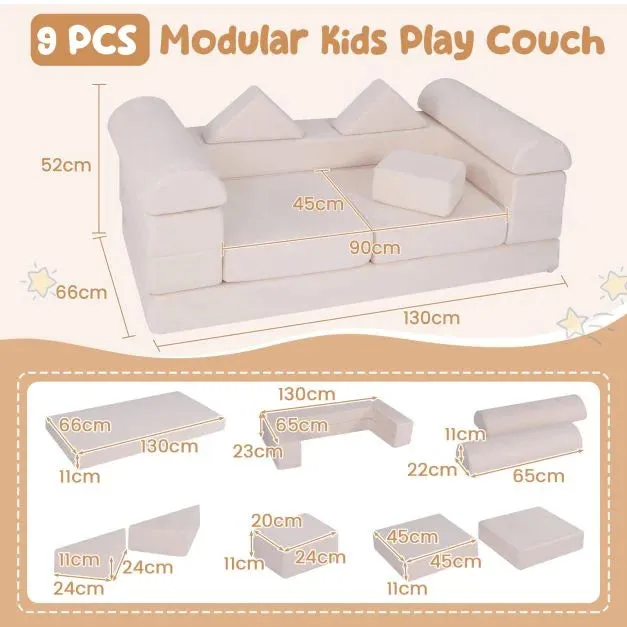 9 Piece Montessori Modular Soft Play Set | Foam Blocks | Sofa Chair | Ballpit | Beige