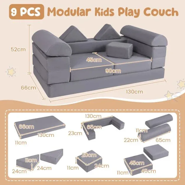 9 Piece Montessori Modular Soft Play Set | Foam Blocks | Sofa Chair | Ballpit | Grey