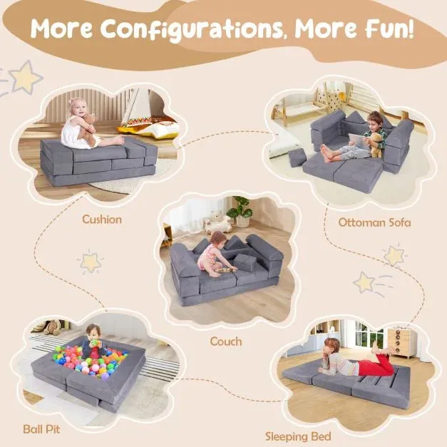 9 Piece Montessori Modular Soft Play Set | Foam Blocks | Sofa Chair | Ballpit | Grey
