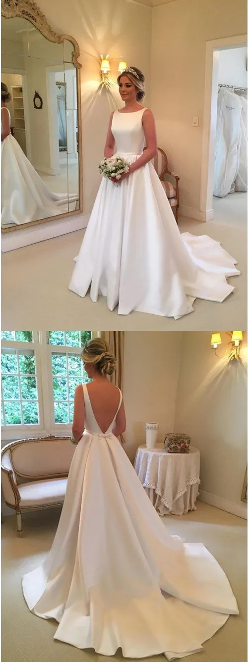 A-Line Bateau Backless Sweep Train White Satin Wedding Dress with Sash, Unique Design Bridal Gown, WD0035