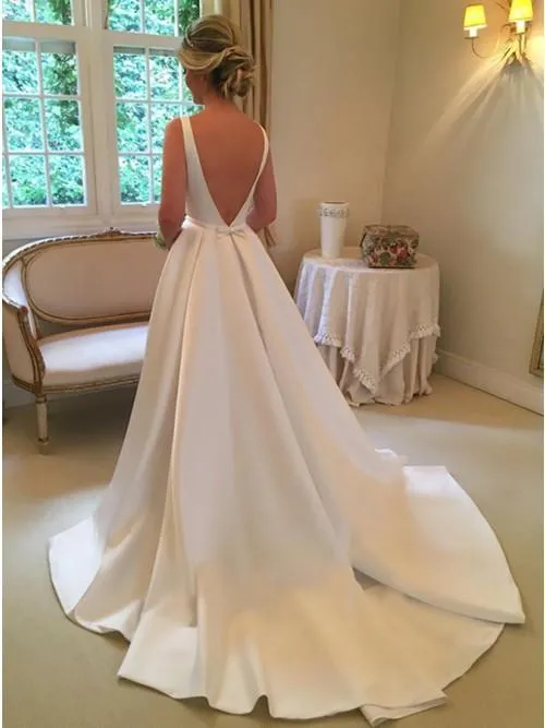 A-Line Bateau Backless Sweep Train White Satin Wedding Dress with Sash, Unique Design Bridal Gown, WD0035