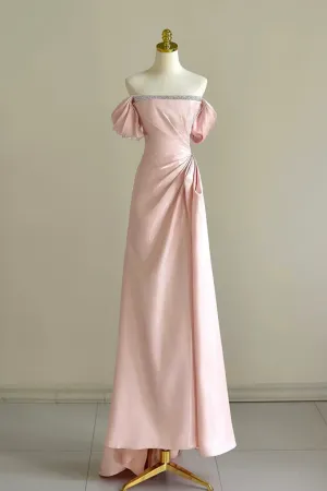 A Line Off Shoulder Pink Long Prom Dress, Pink Long Formal Dress with Beads APP1081