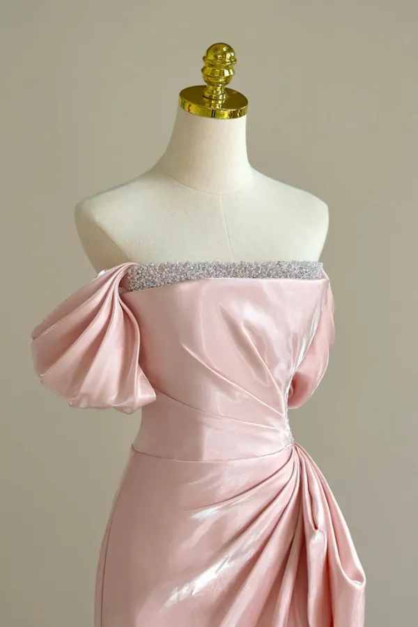 A Line Off Shoulder Pink Long Prom Dress, Pink Long Formal Dress with Beads APP1081