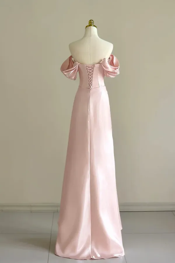 A Line Off Shoulder Pink Long Prom Dress, Pink Long Formal Dress with Beads APP1081