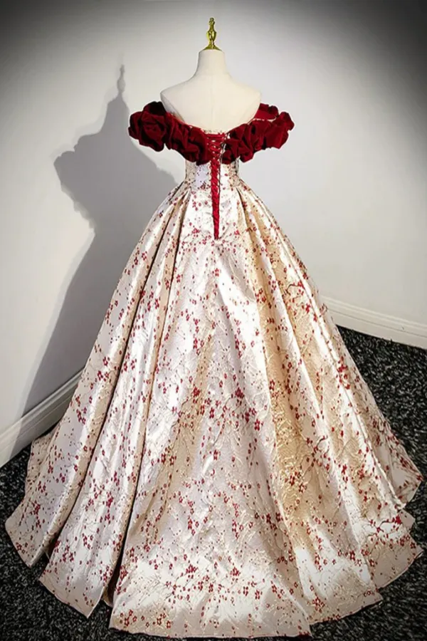 A-Line Off Shoulder Satin/velvet Champagne Long Prom Dress, Champagne Long Formal Dress APP0900