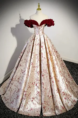 A-Line Off Shoulder Satin/velvet Champagne Long Prom Dress, Champagne Long Formal Dress APP0900