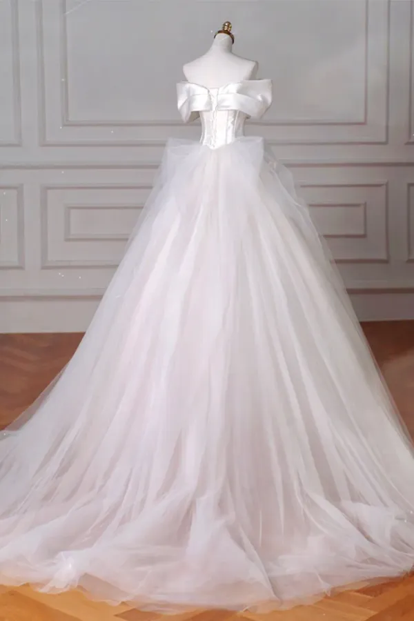 A Line Off Shoulder Tulle Beige Long Prom Dress, Beige Tulle Long Formal Dress APP0927