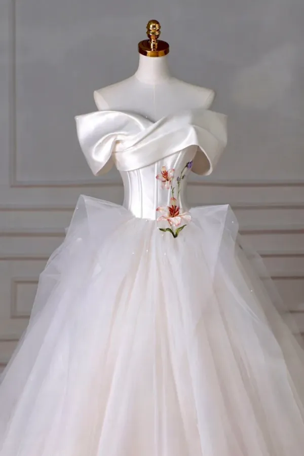 A Line Off Shoulder Tulle Beige Long Prom Dress, Beige Tulle Long Formal Dress APP0927