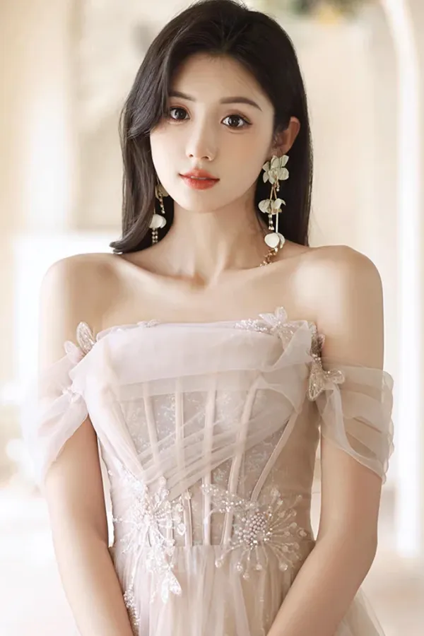 A Line Off Shoulder Tulle Champagne Long Prom Dress, Long Formal Dress APP1094