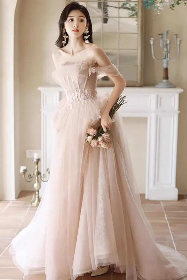 A Line Off Shoulder Tulle Champagne Long Prom Dress, Long Formal Dress APP1094