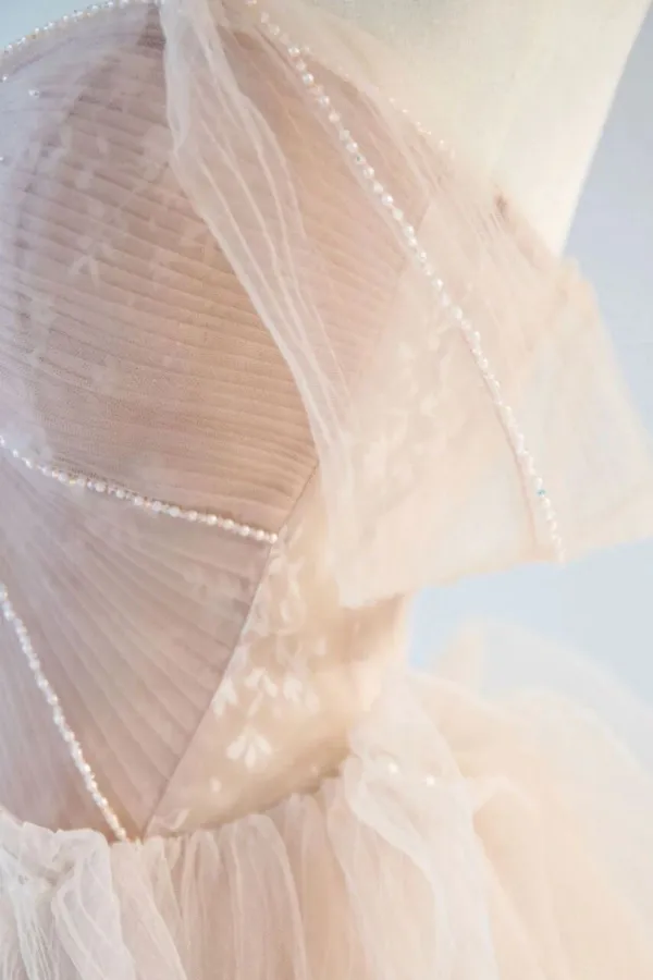A Line Off Shoulder Tulle Lace Champagne Pink Long Prom Dress, Lace Long Formal Dress APP0888
