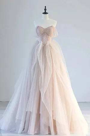 A Line Off Shoulder Tulle Lace Champagne Pink Long Prom Dress, Lace Long Formal Dress APP0888