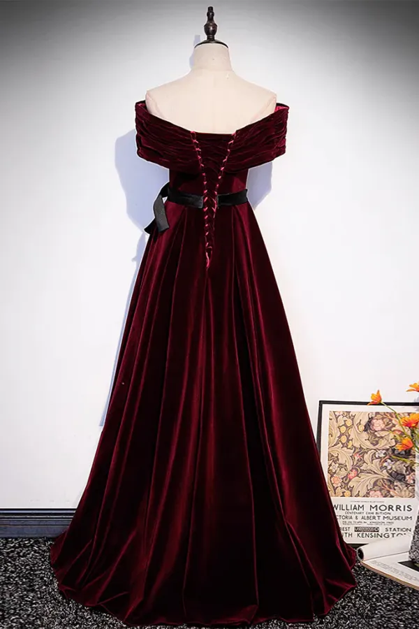 A Line Off Shoulder Velvet Burgundy Long Prom Dress, Burgundy Long Formal Dress APP0913