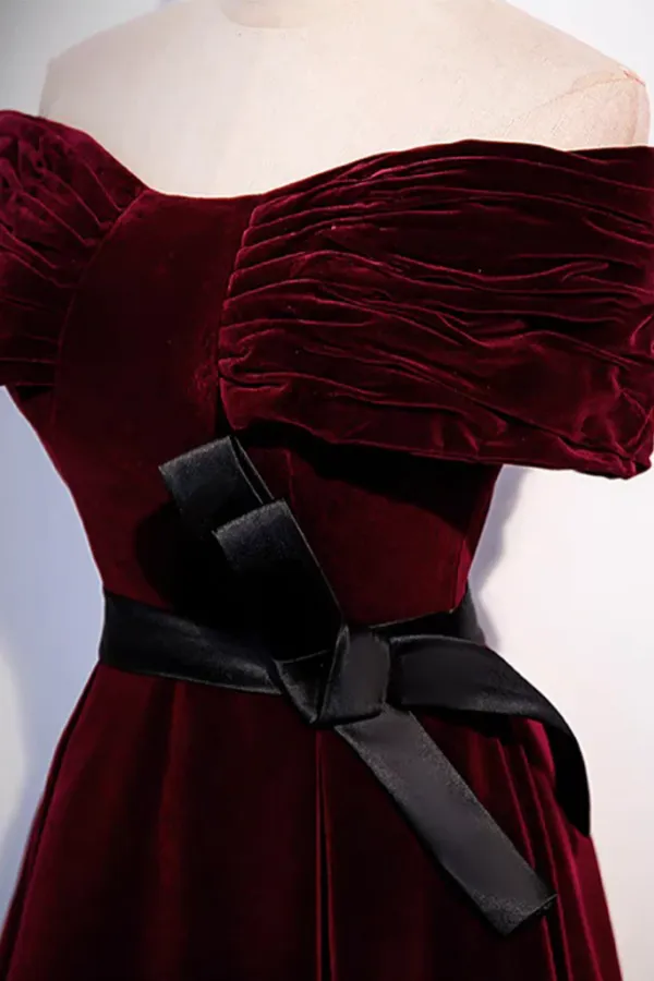 A Line Off Shoulder Velvet Burgundy Long Prom Dress, Burgundy Long Formal Dress APP0913