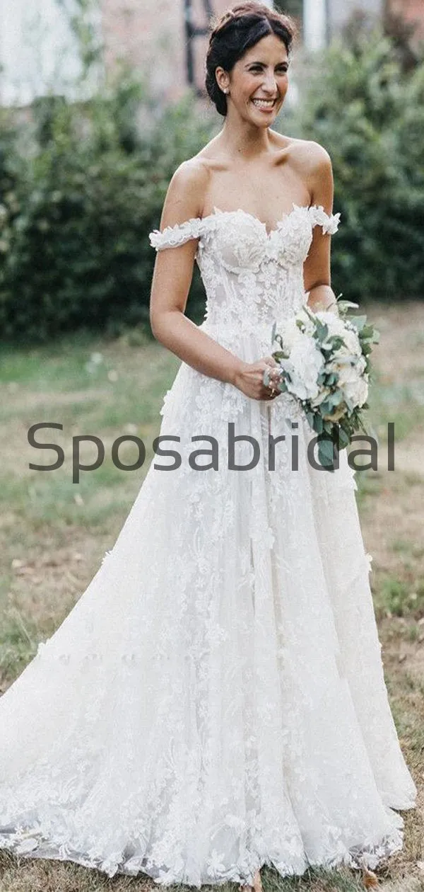 A-line Off the Shoulder Lace Country Modest Wedding Dresses WD0402