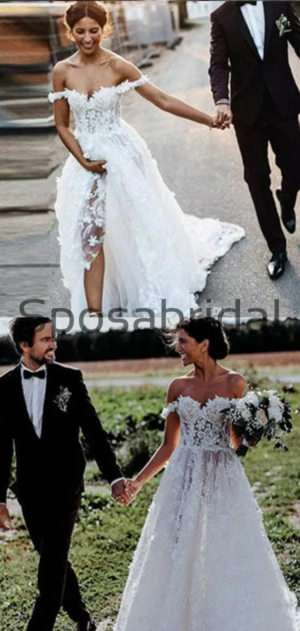 A-line Off the Shoulder Lace Country Modest Wedding Dresses WD0402