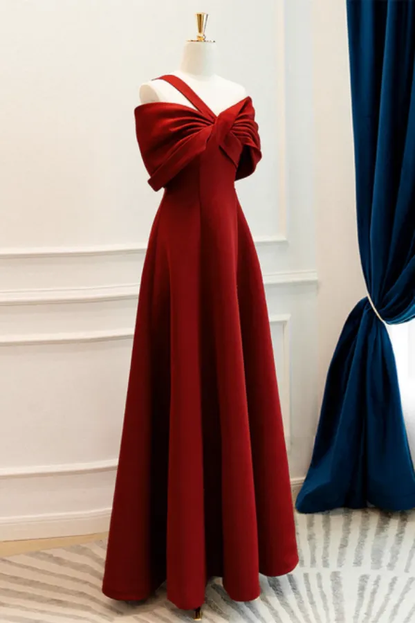 A Line One Shoulder Satin Burgundy Long Prom Dress, Burgundy Long Formal Dress APP0844