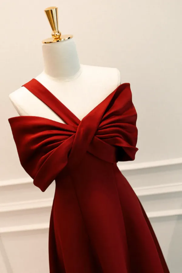 A Line One Shoulder Satin Burgundy Long Prom Dress, Burgundy Long Formal Dress APP0844