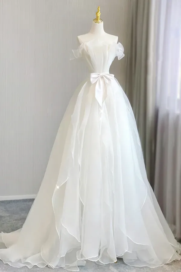 A Line Organza White Long Prom Dress, White Long Formal Dress APP0895