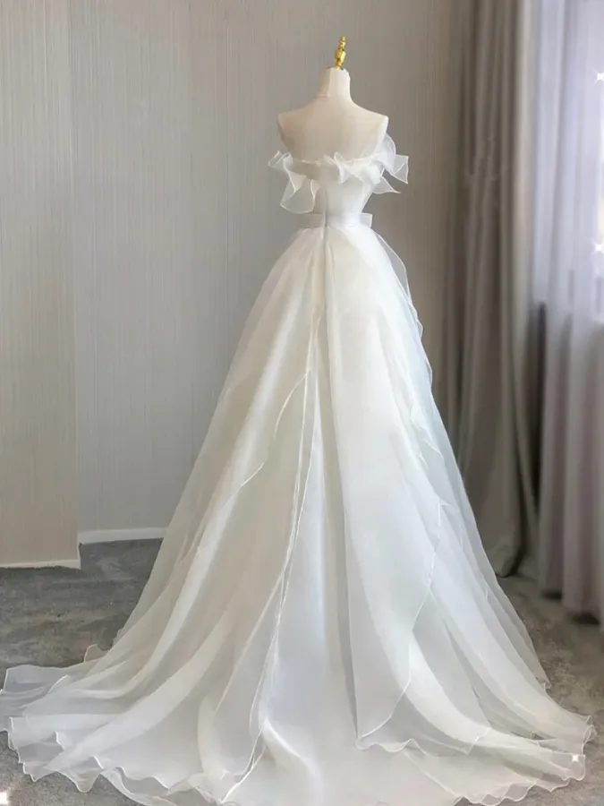 A Line Organza White Long Prom Dress, White Long Formal Dress APP0895