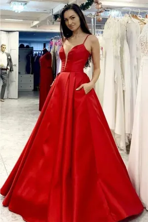 A-Line Prom Dresses Minimalist Dress Formal Floor Length Sleeveless V Neck Pocket Satin with Pleats