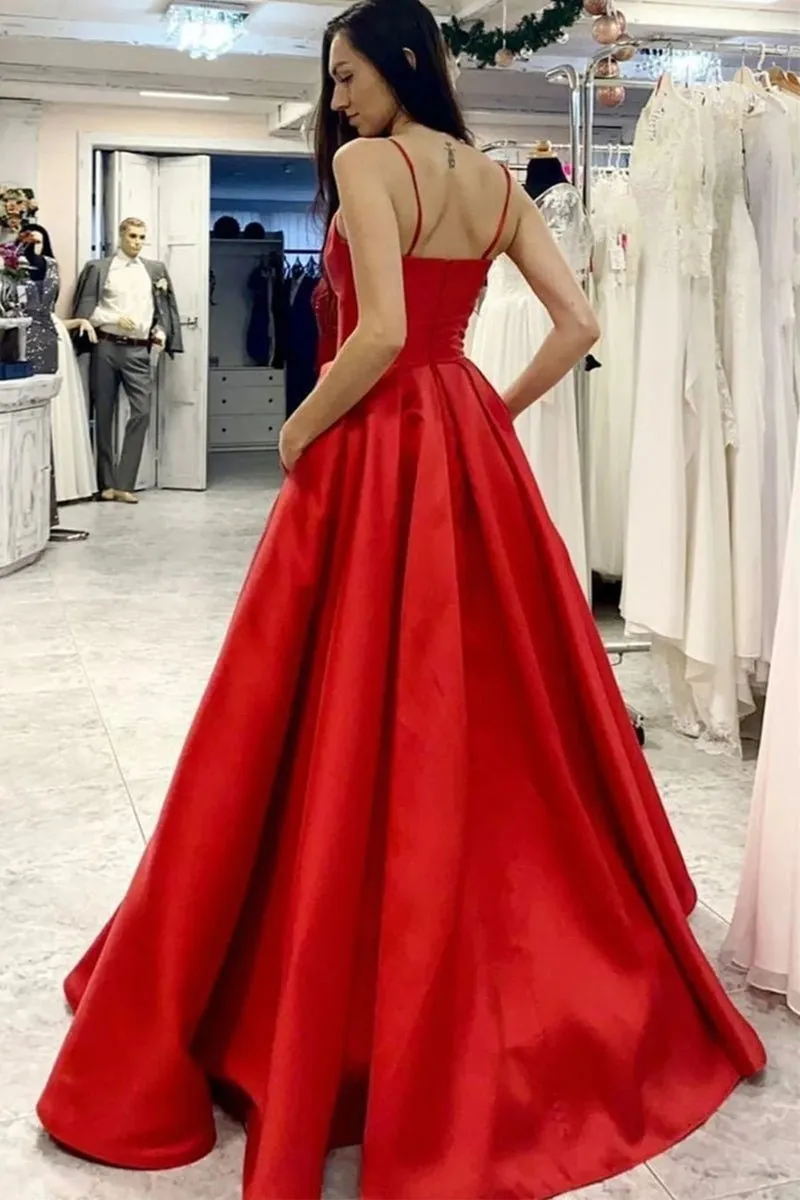 A-Line Prom Dresses Minimalist Dress Formal Floor Length Sleeveless V Neck Pocket Satin with Pleats