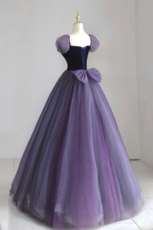A Line Puff sleeves Tulle Velvet Purple Long Prom Dress, Purple Long Formal Dress APP0966