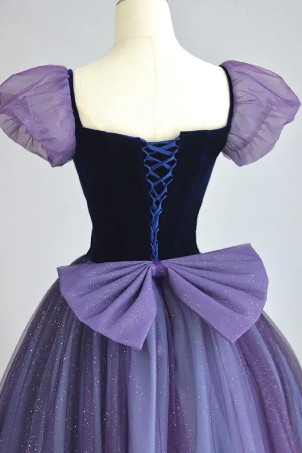 A Line Puff sleeves Tulle Velvet Purple Long Prom Dress, Purple Long Formal Dress APP0966