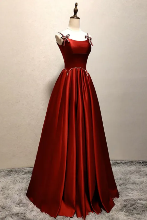 A Line Satin Burgundy Long Prom Dress, Burgundy Long Formal Dress APP0845