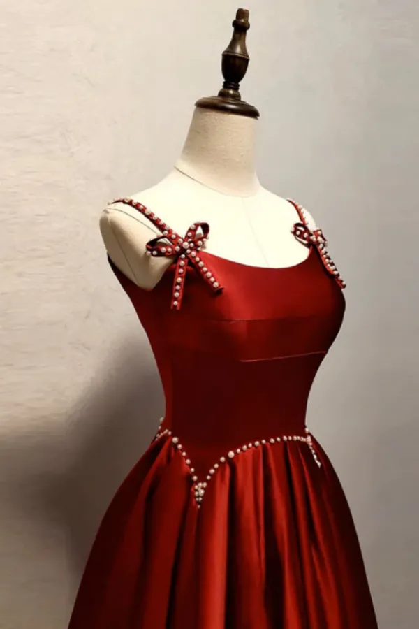 A Line Satin Burgundy Long Prom Dress, Burgundy Long Formal Dress APP0845