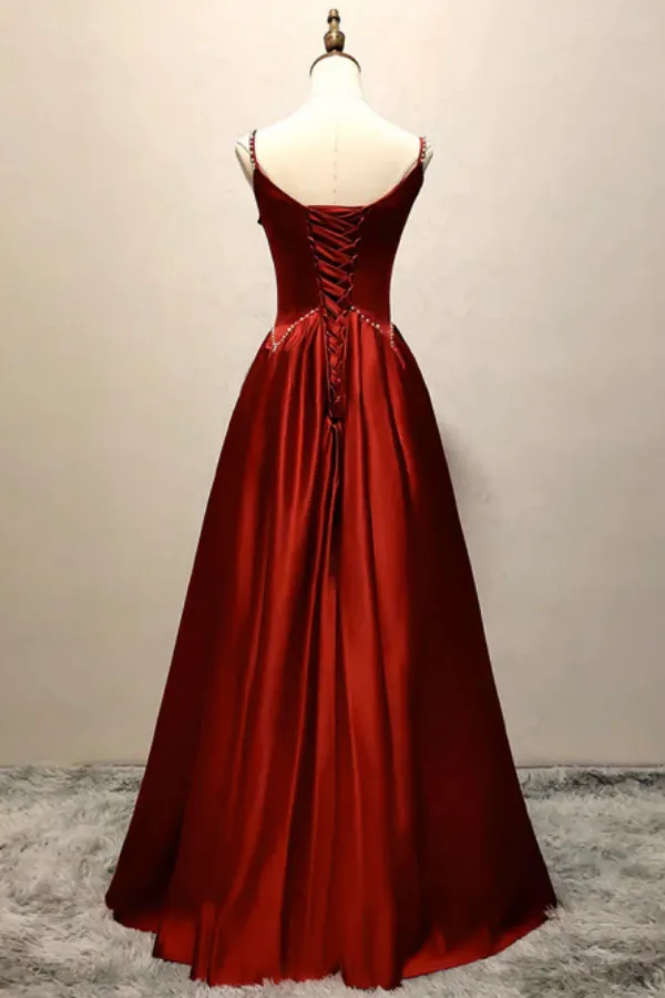 A Line Satin Burgundy Long Prom Dress, Burgundy Long Formal Dress APP0845