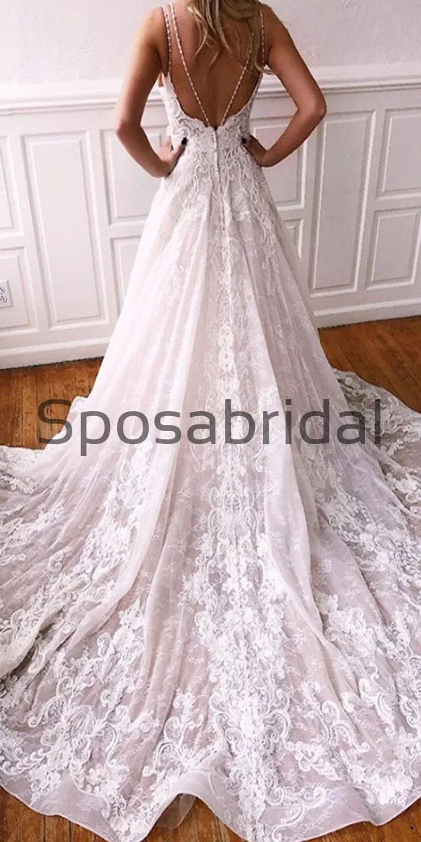 A-line Spaghetti Straps Gorgeous Applique Lace Wedding Dresses WD0483