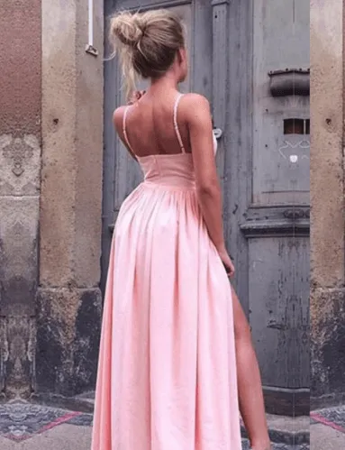 A Line Spaghetti Straps V Neck Yellow Prom Evening Dresses with Pockets TP0954
