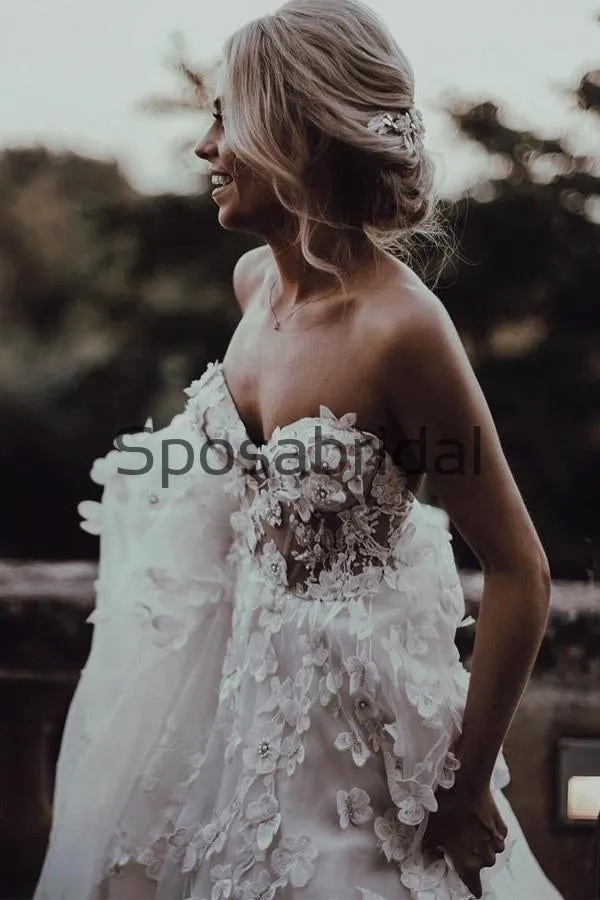 A-line Sweatheart Appliques Beach Long Modest Wedding Dresses WD0538