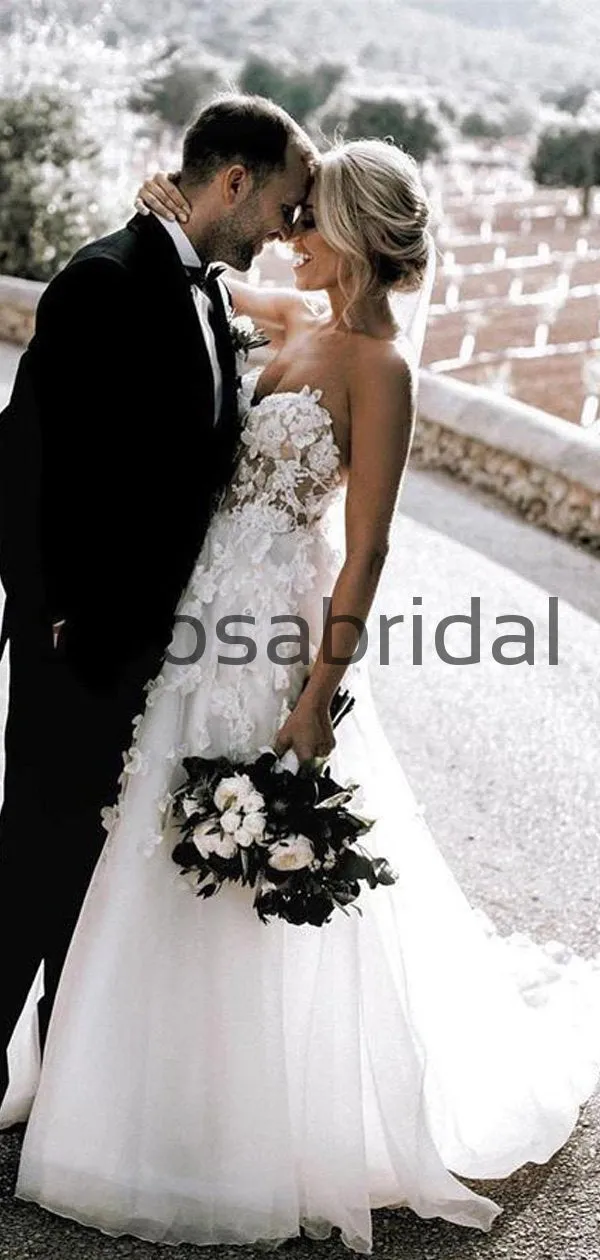 A-line Sweatheart Appliques Beach Long Modest Wedding Dresses WD0538