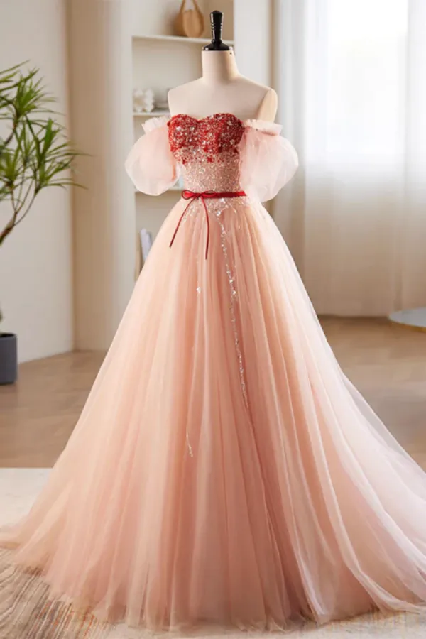 A Line Sweetheart Neck Sequin Tulle Pink Long Prom Dress, Pink Formal Dress APP0831